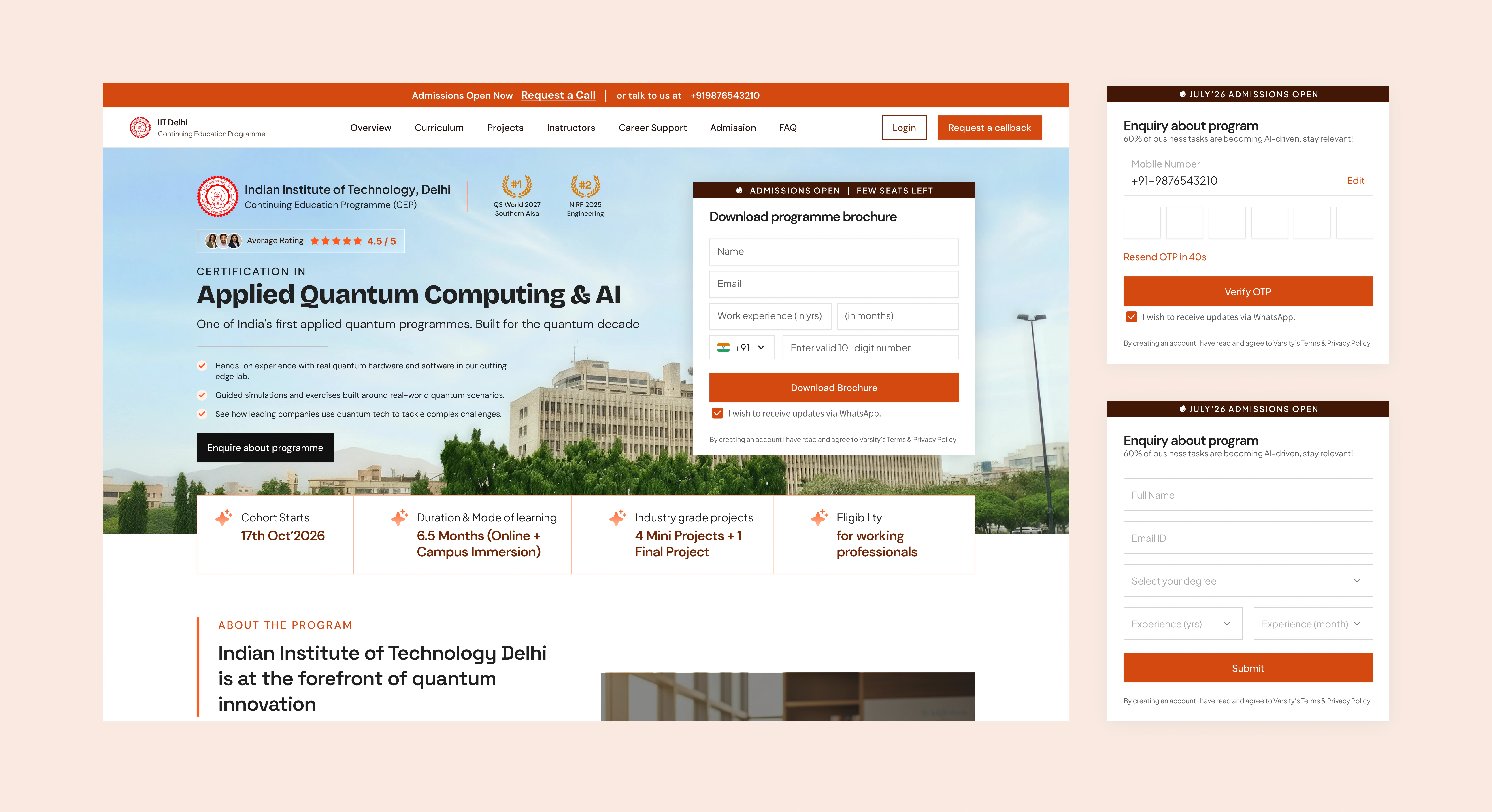 Varsity program page enquiry, brochure download, callback, and OTP verification states