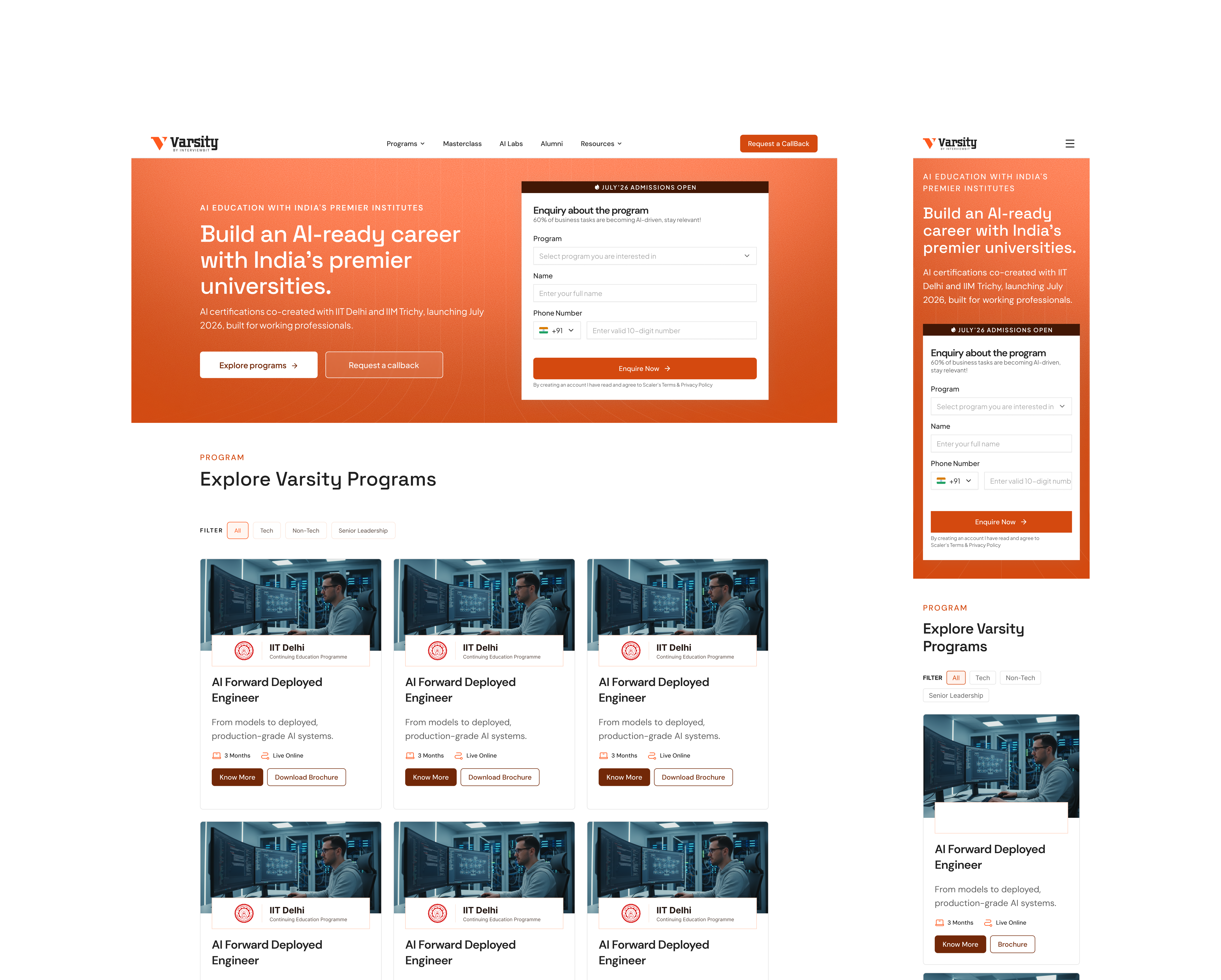 Varsity home page desktop and mobile Figma screens, part 1