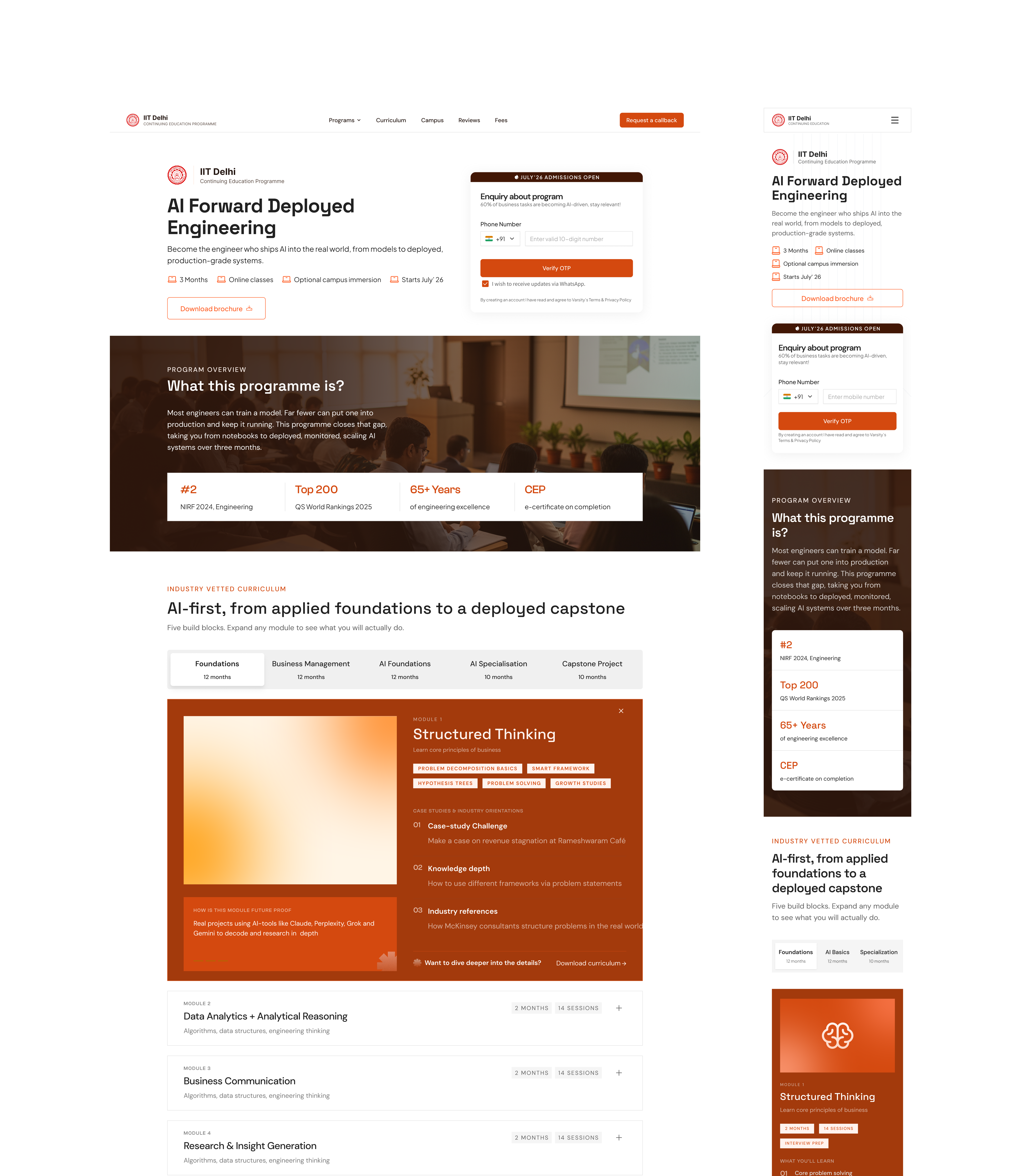 Varsity program page desktop and mobile Figma screens, part 1