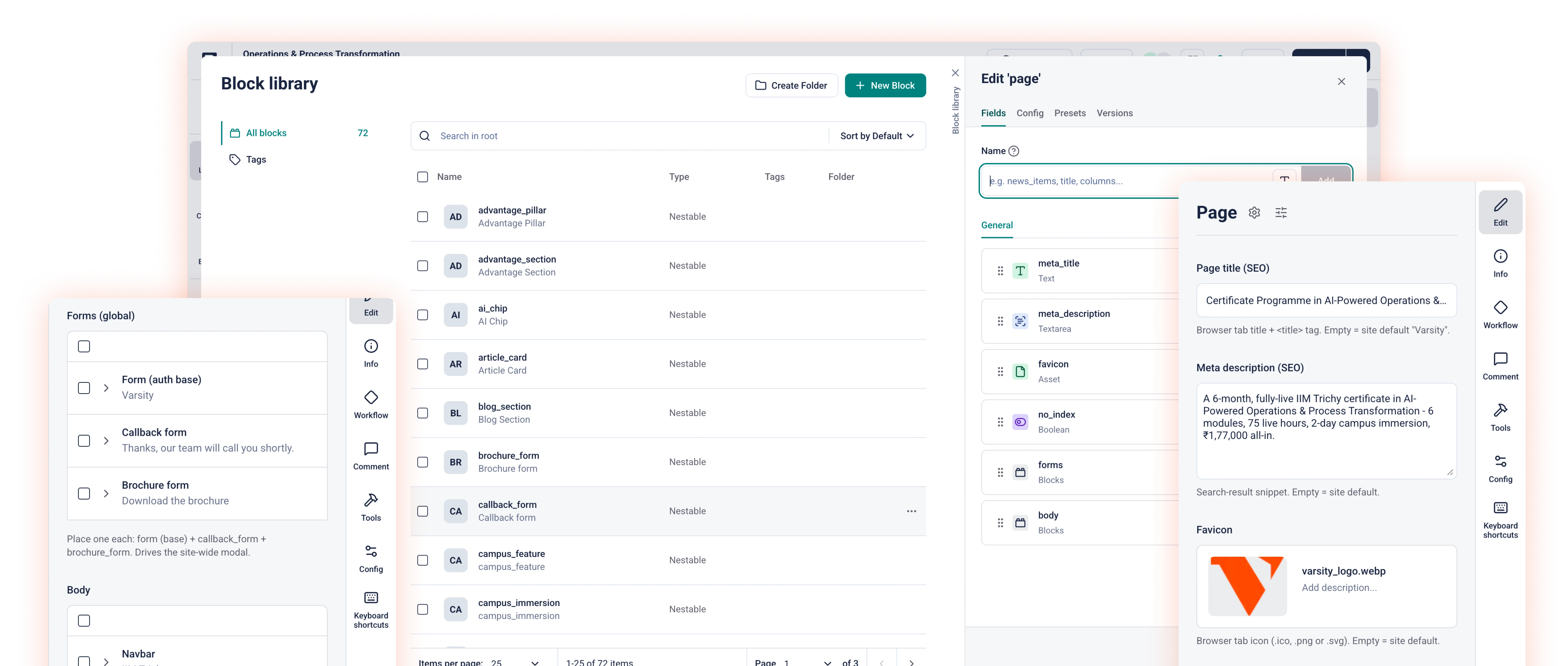 Reusable Storyblok component blocks and page configuration screens