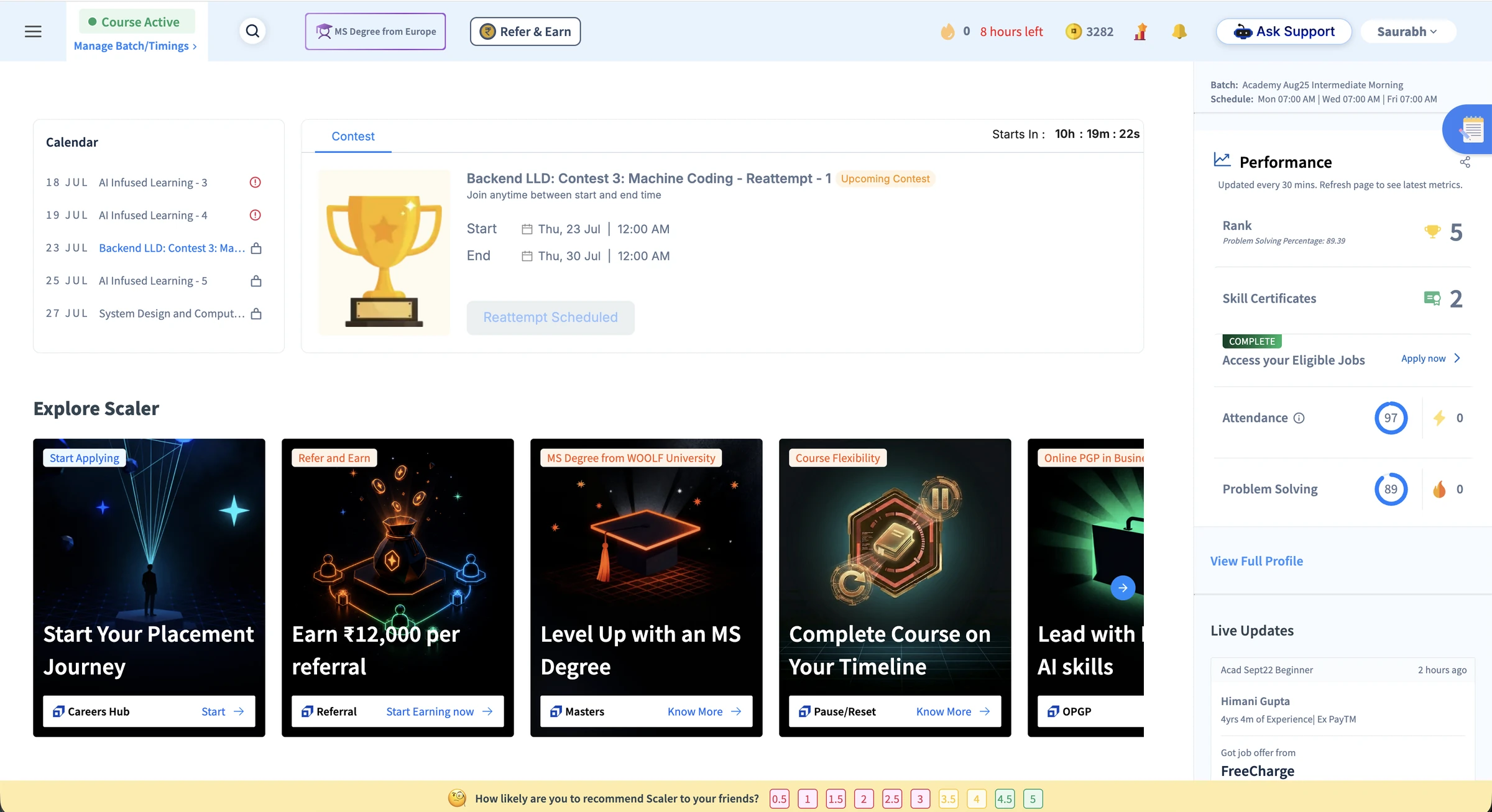Old Scaler home page showing the calendar, contest, Explore Scaler promotions, performance statistics, and live updates