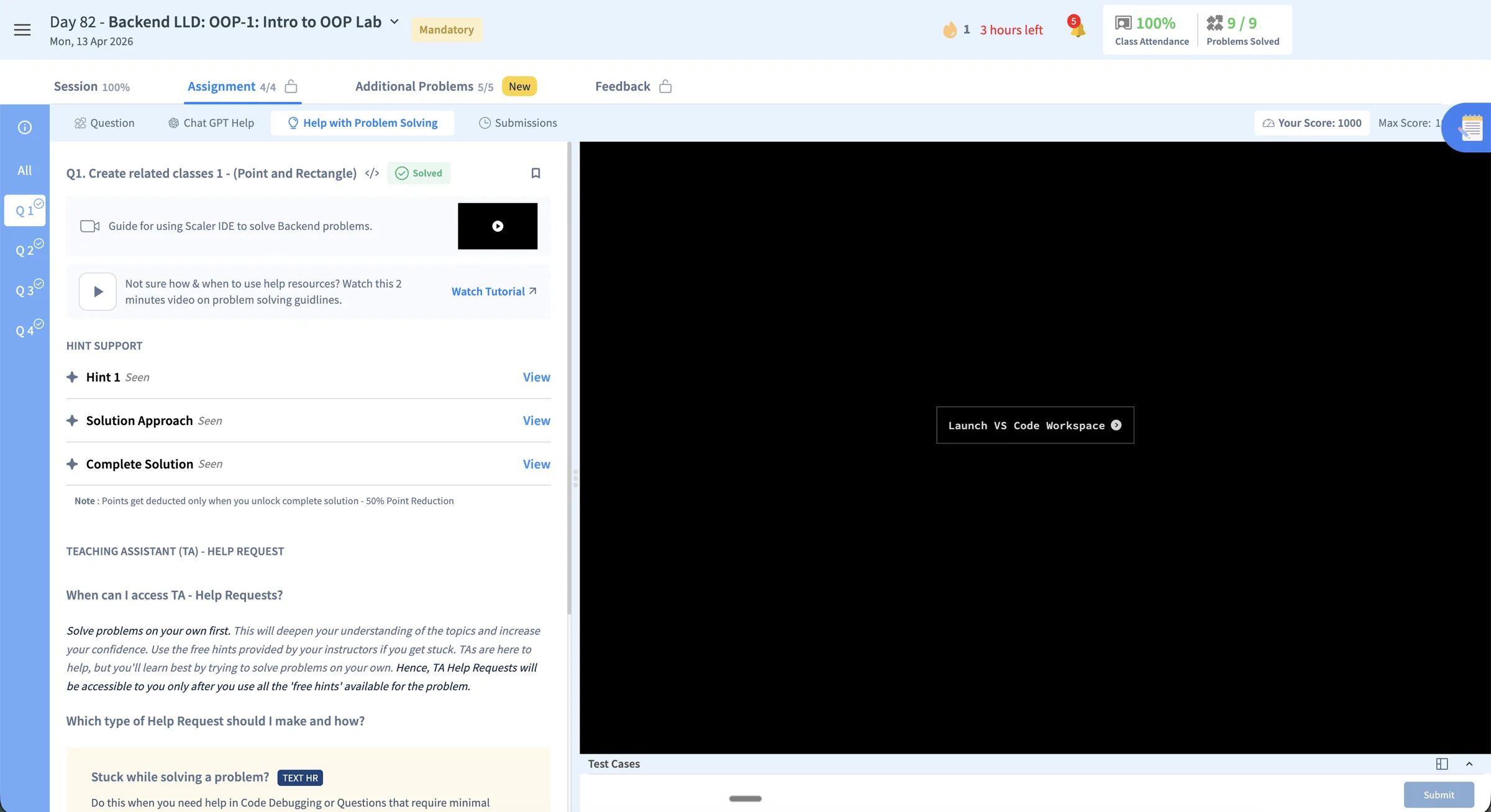 Current problem-solving help tab showing tutorial guidance, progressive hints, complete solution access, and teaching assistant rules