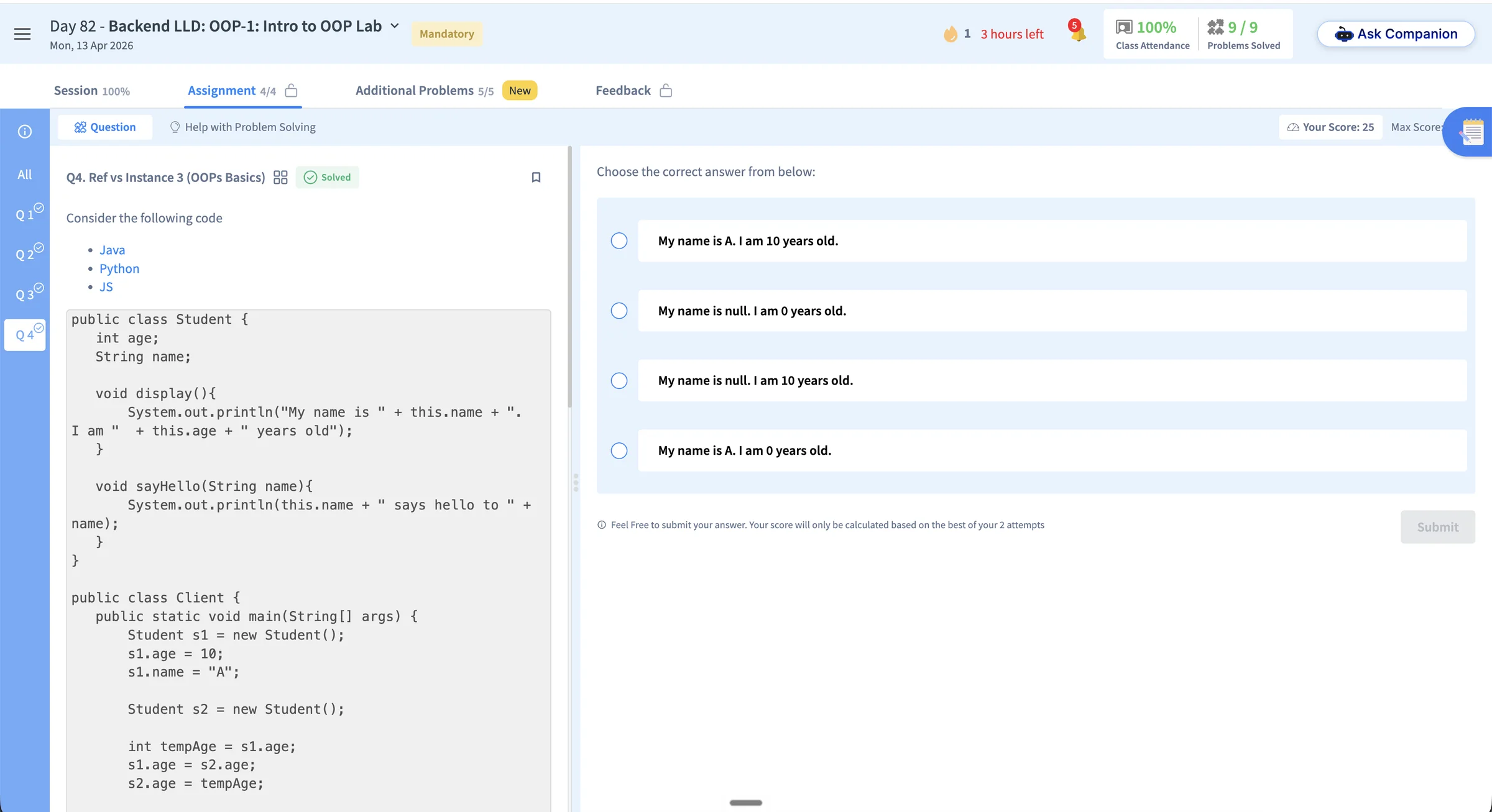 Current multiple-choice problem showing code on the left and four answer options on the right