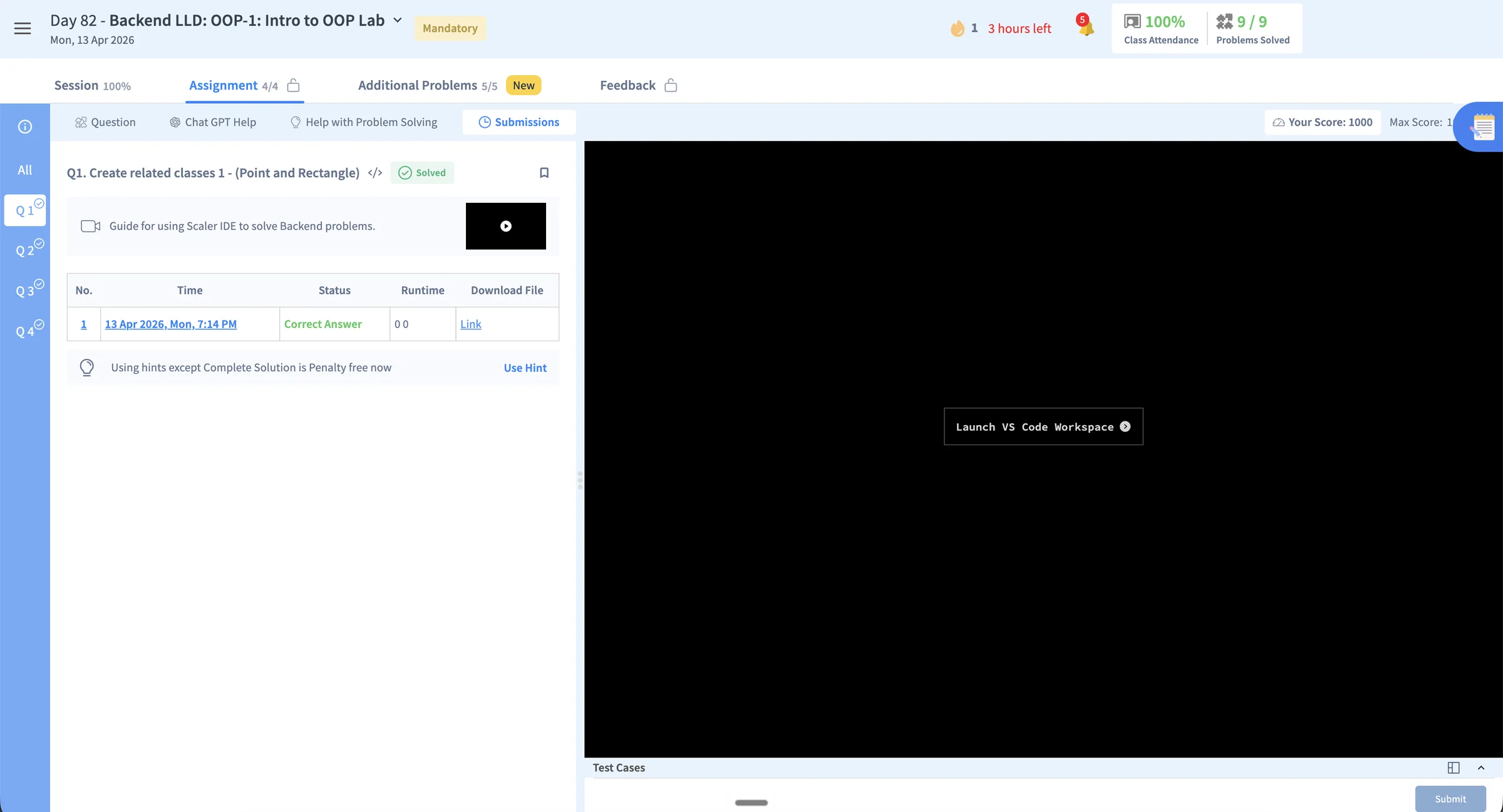 Current submissions tab showing a correct answer record, runtime, and download link beside the external editor launch area