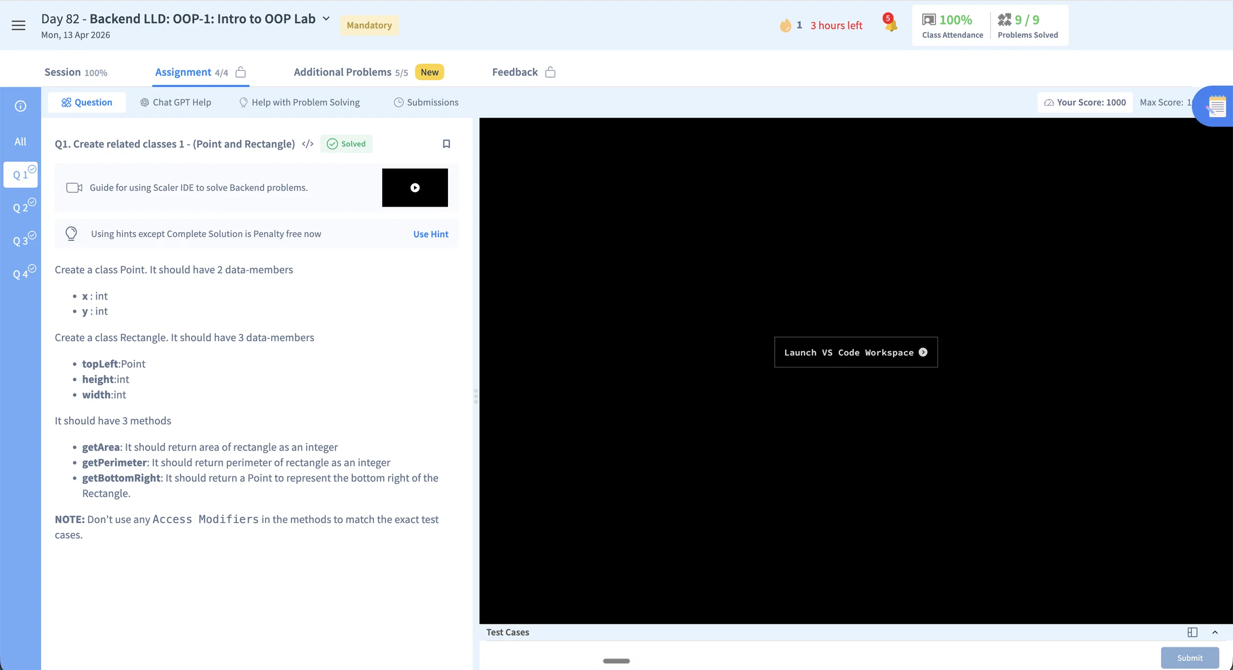 Current coding problem page showing the question statement beside a black panel with a Launch VS Code Workspace action